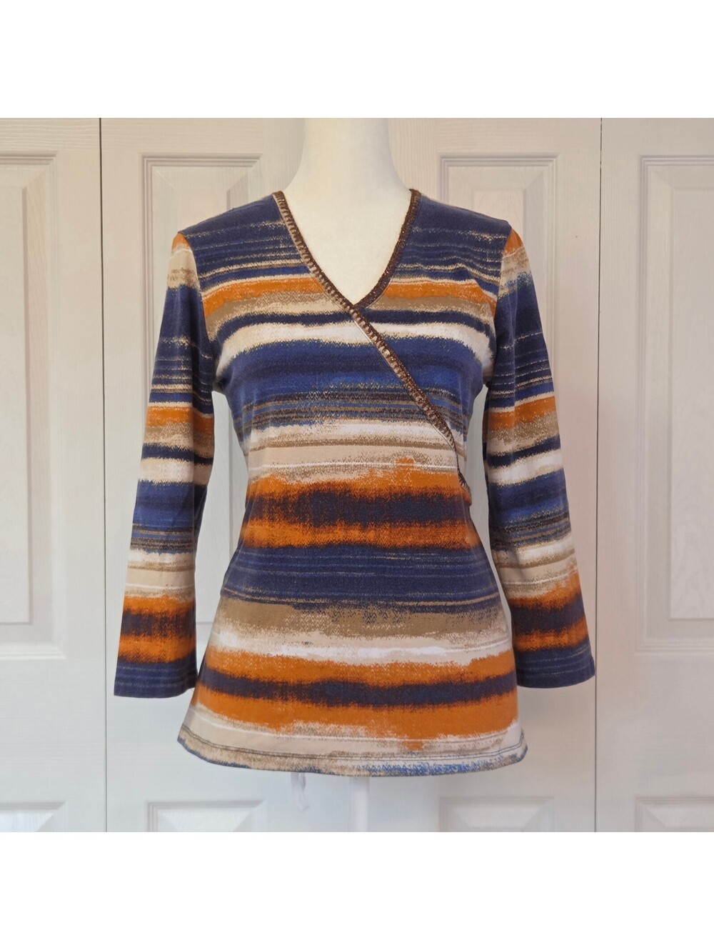 Blue & Orange Tie Dye Striped Surplice Top Sz M Boho Artisan Babydoll Wrap Shirt